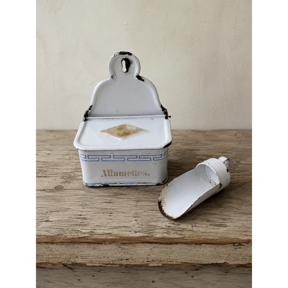 French Enamelware Blue  and White  Allumettes Match Box & Enamel Scoop 1910-1930